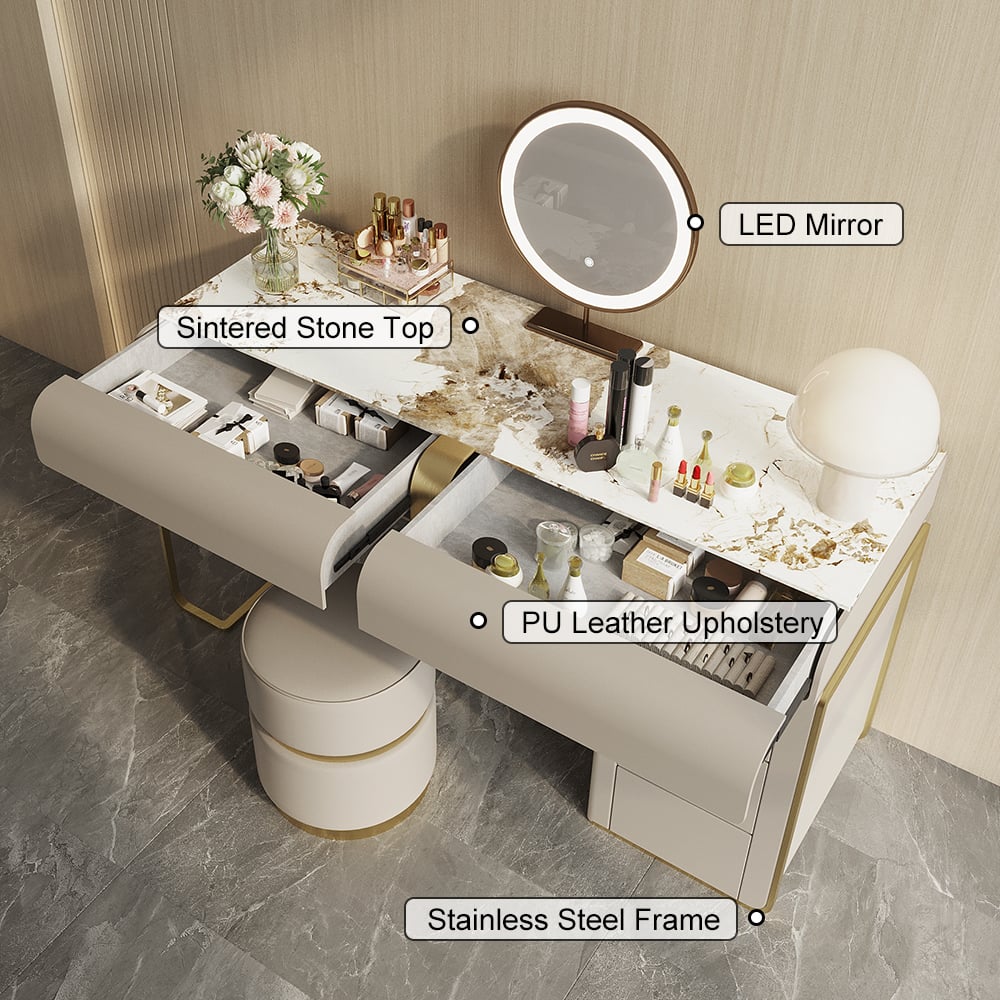 HMR - Modern Gray Makeup Vanity Set with Side Cabinet Dressing Table with Mirror & Stool