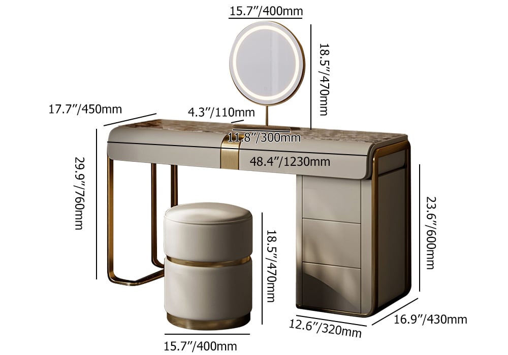 HMR - Modern Gray Makeup Vanity Set with Side Cabinet Dressing Table with Mirror & Stool