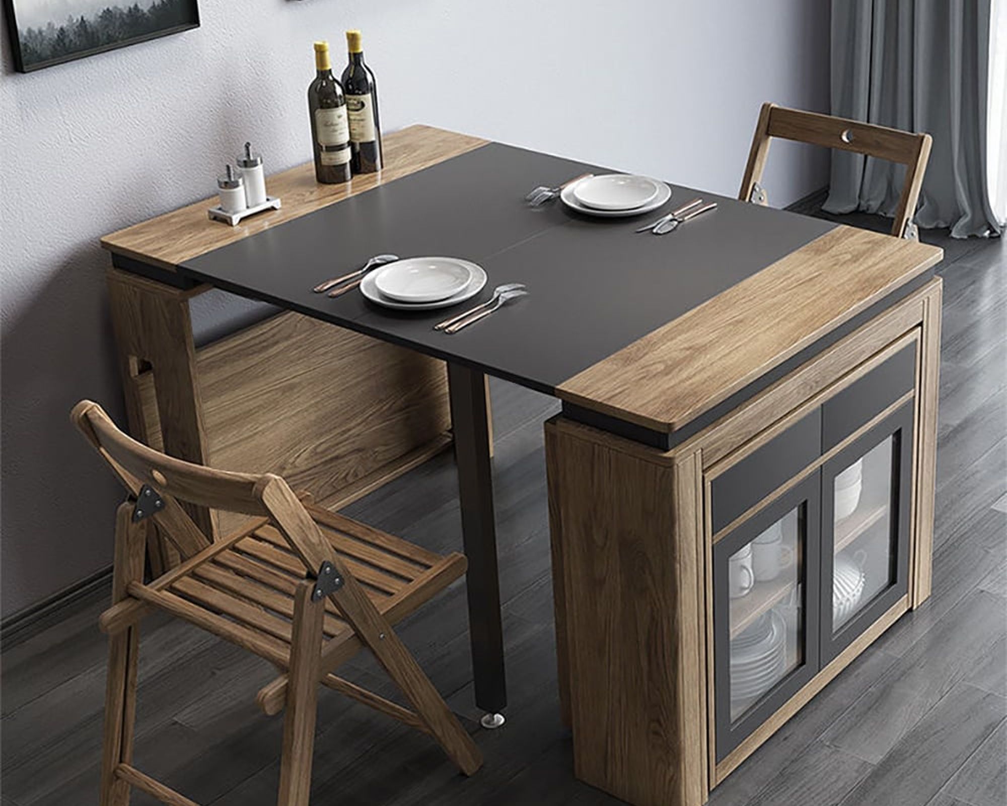 HMR - Dining Set 70.9" Farmhouse Rectangle Folding Storage Dining Table With 4 Chairs