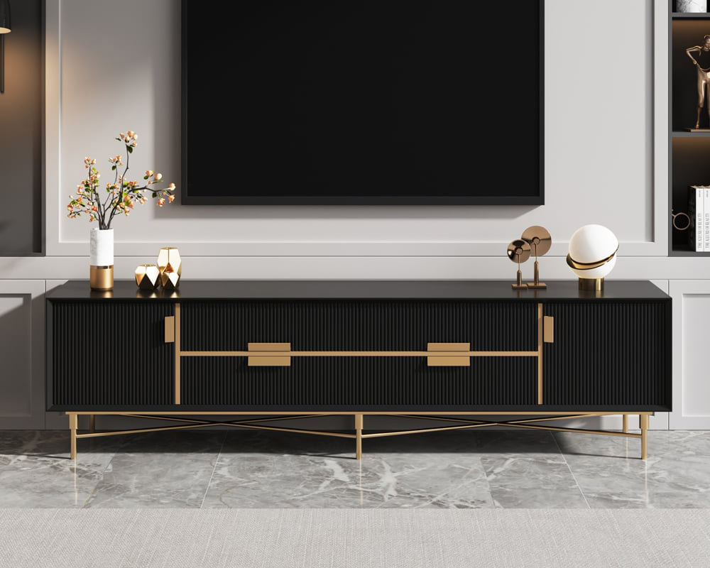 HMR Modern Rectangle TV Stand Media Console for 85" TVs with 4 Drawers & Doors MDF - Black, 86.6"