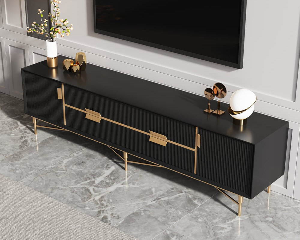 HMR Modern Rectangle TV Stand Media Console for 85" TVs with 4 Drawers & Doors MDF - Black, 86.6"