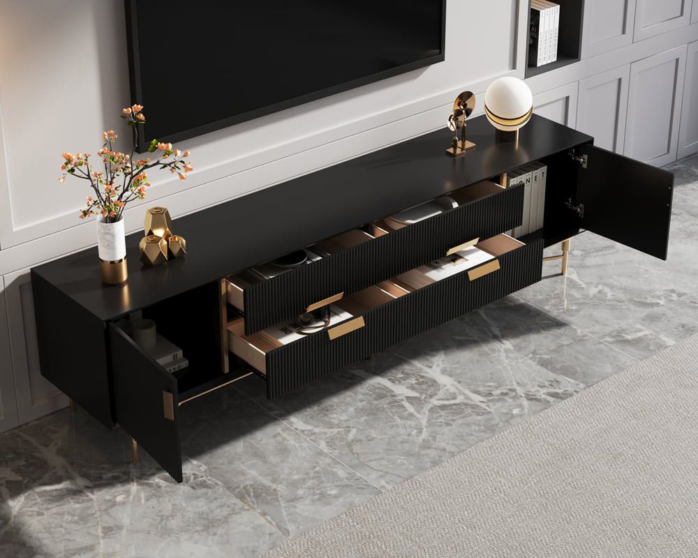 HMR Modern Rectangle TV Stand Media Console for 85" TVs with 4 Drawers & Doors MDF - Black, 86.6"