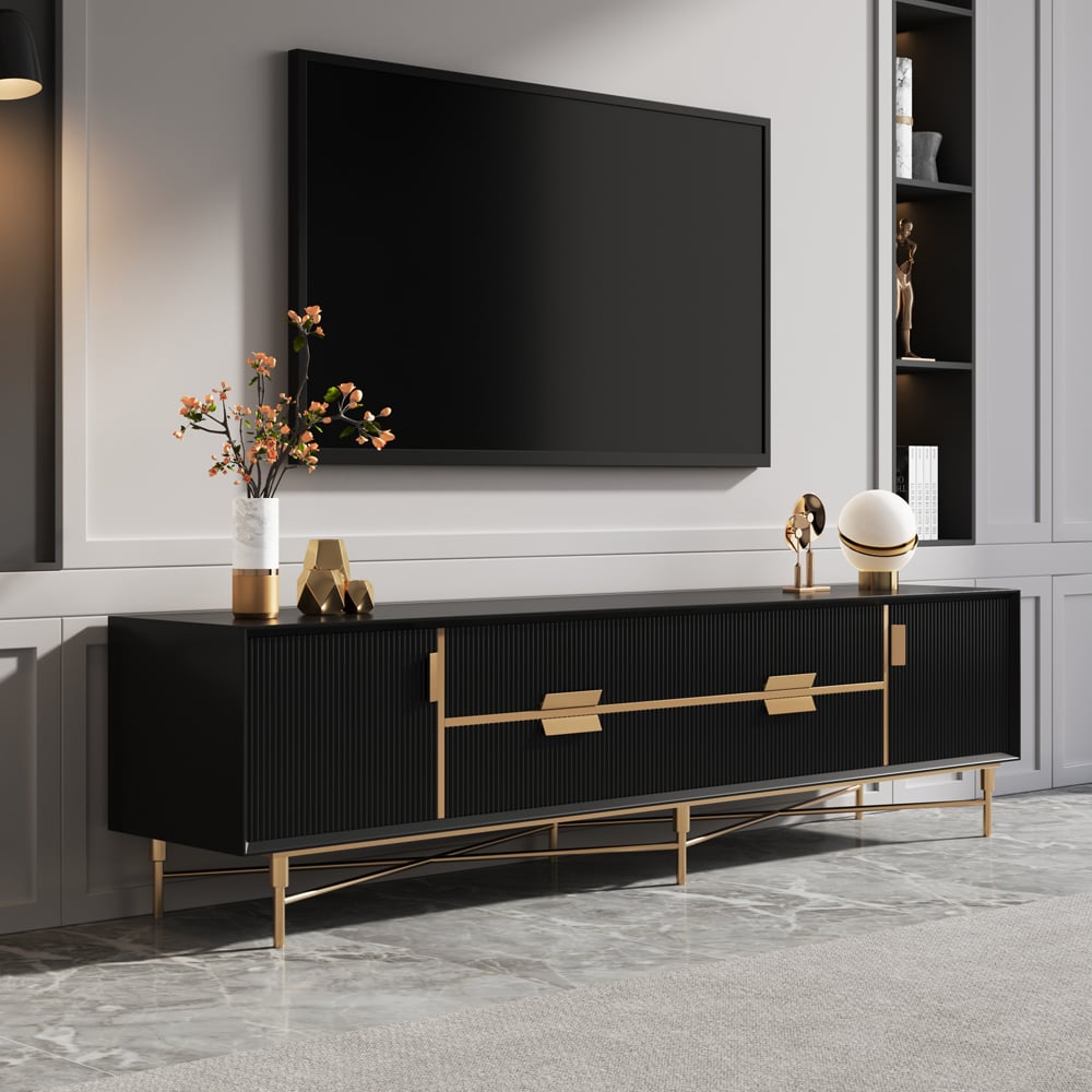 HMR Modern Rectangle TV Stand Media Console for 85" TVs with 4 Drawers & Doors MDF - Black, 86.6"