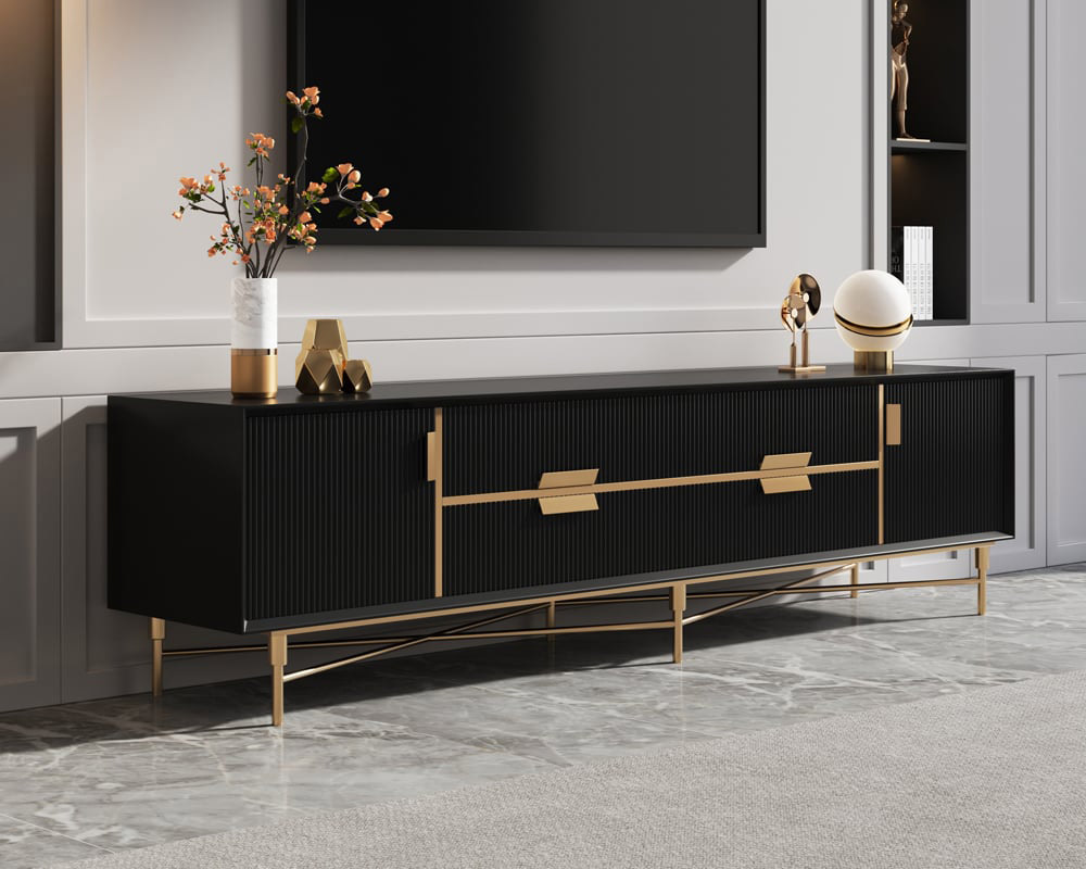 HMR Modern Rectangle TV Stand Media Console for 85" TVs with 4 Drawers & Doors MDF - Black, 86.6"