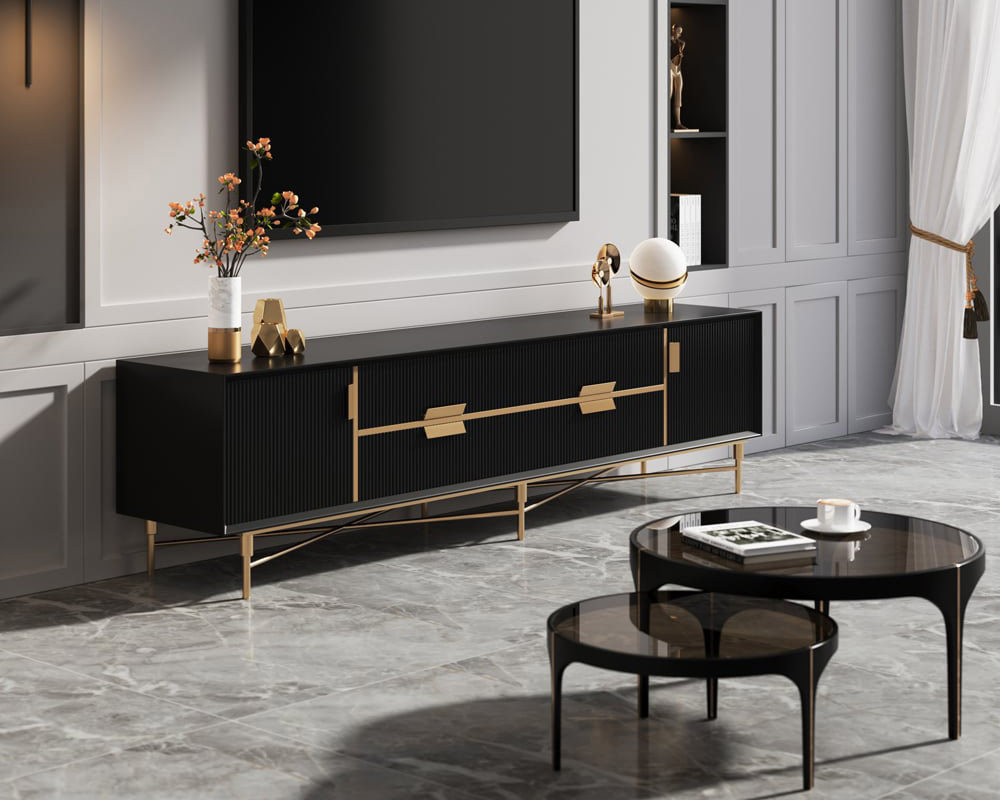 HMR Modern Rectangle TV Stand Media Console for 85" TVs with 4 Drawers & Doors MDF - Black, 86.6"