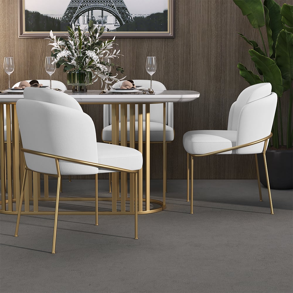 HMR Linenic Series Modern Dining Chairs with Linen Upholstery - White/Gold, Set of 2