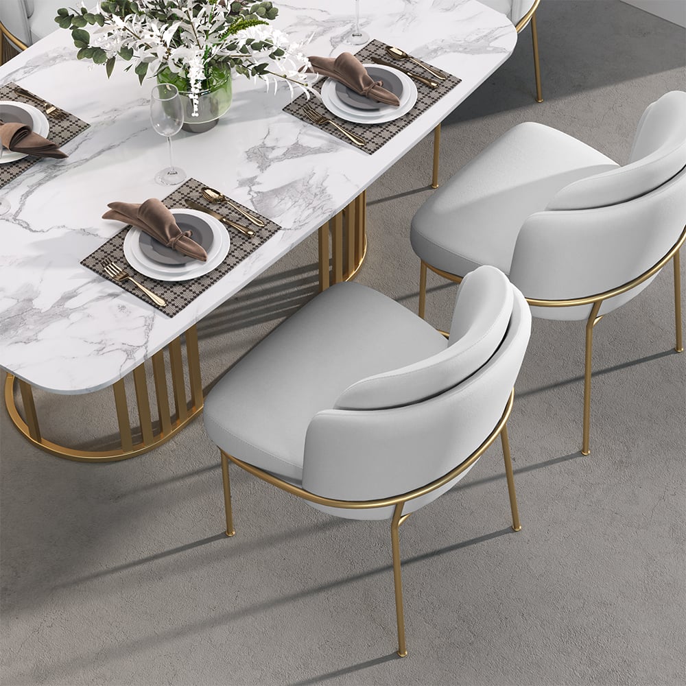 HMR Linenic Series Modern Dining Chairs with Linen Upholstery - White/Gold, Set of 2