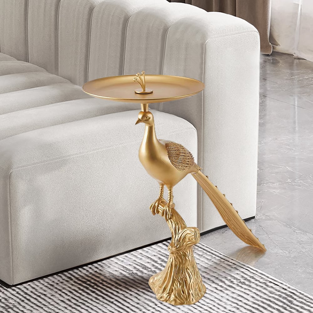 HMR - Peacock Figurine Art Deco Gold Side Table with Tray Top