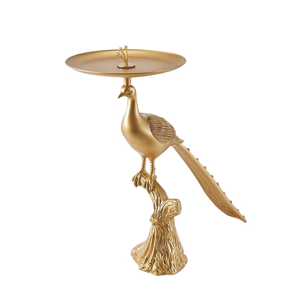 HMR - Peacock Figurine Art Deco Gold Side Table with Tray Top