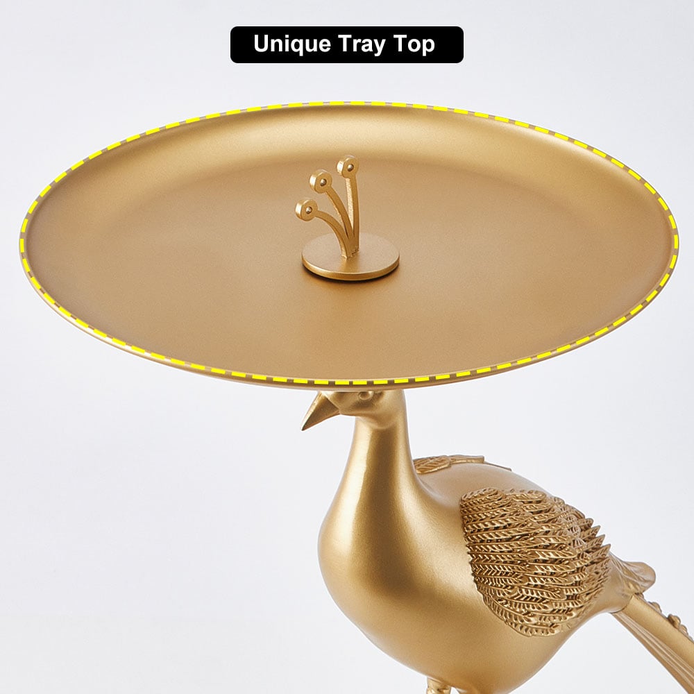 HMR - Peacock Figurine Art Deco Gold Side Table with Tray Top