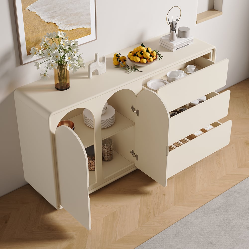 HMR - 59" Modern Off White Sideboard Buffet with Storage Credenza Arch Door
