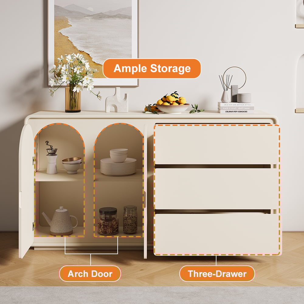 HMR - 59" Modern Off White Sideboard Buffet with Storage Credenza Arch Door