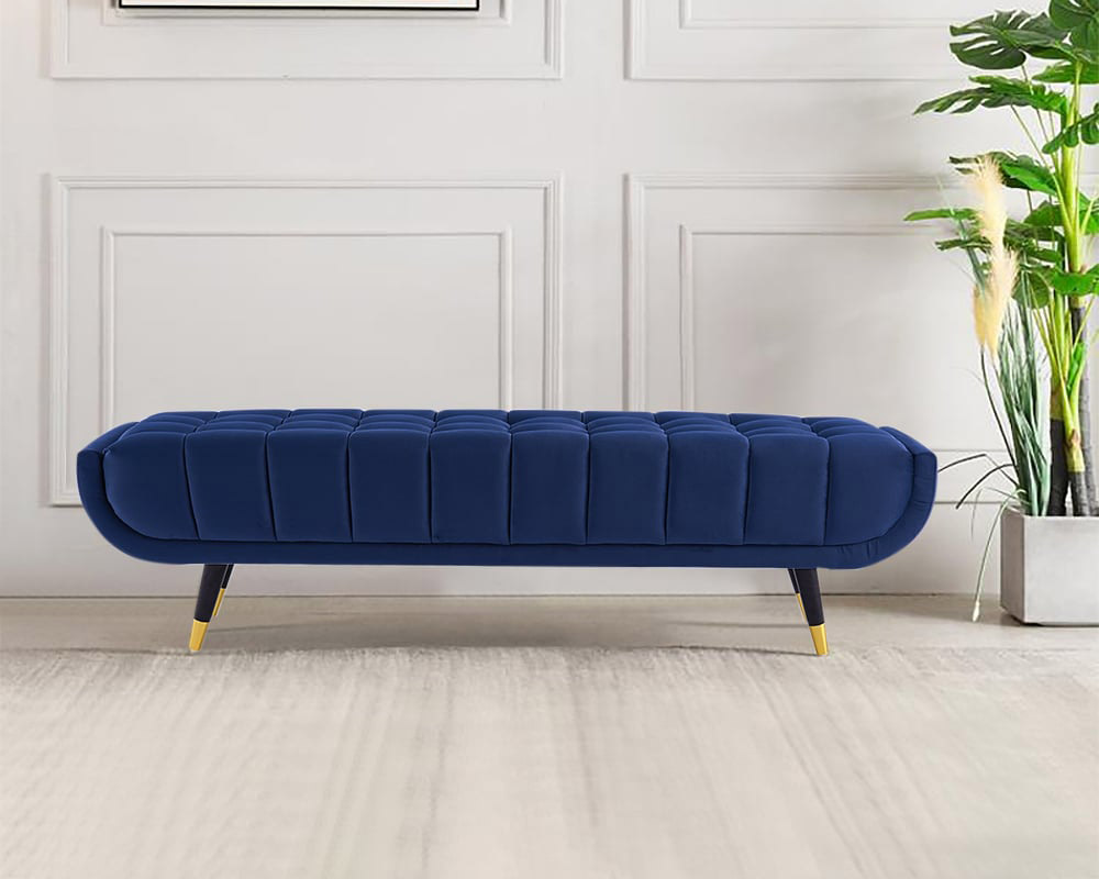 HMR Enoak Modern Bedroom Bench Velvet Upholstery Wooden Legs - Blue