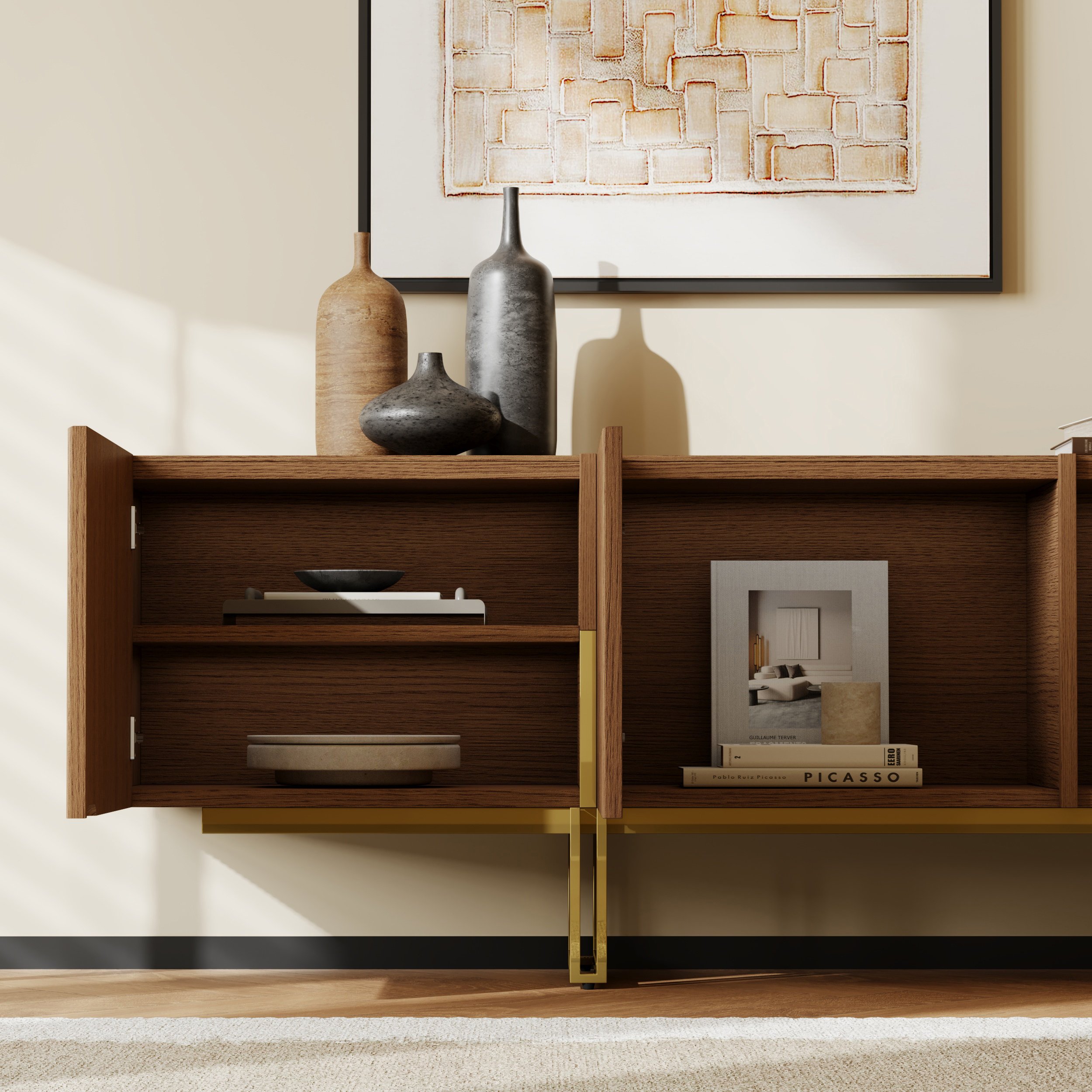 HMR Grovyn Sintered Stone Top Fluted TV Stand with Storage - Walnut, 86.6"W x 17.7"D x 23.6"H, Without Fireplace