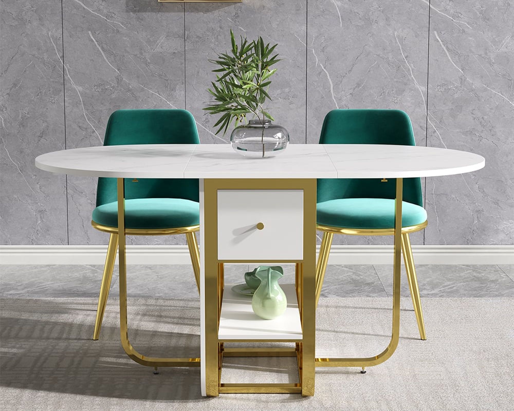 HMR 59.1" Modern Rectangle Leaf Folding Wood Dining Table with Storage Seats 4-6 People - White