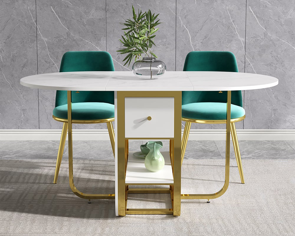 HMR 59.1" Modern Rectangle Leaf Folding Wood Dining Table with Storage Seats 4-6 People - White