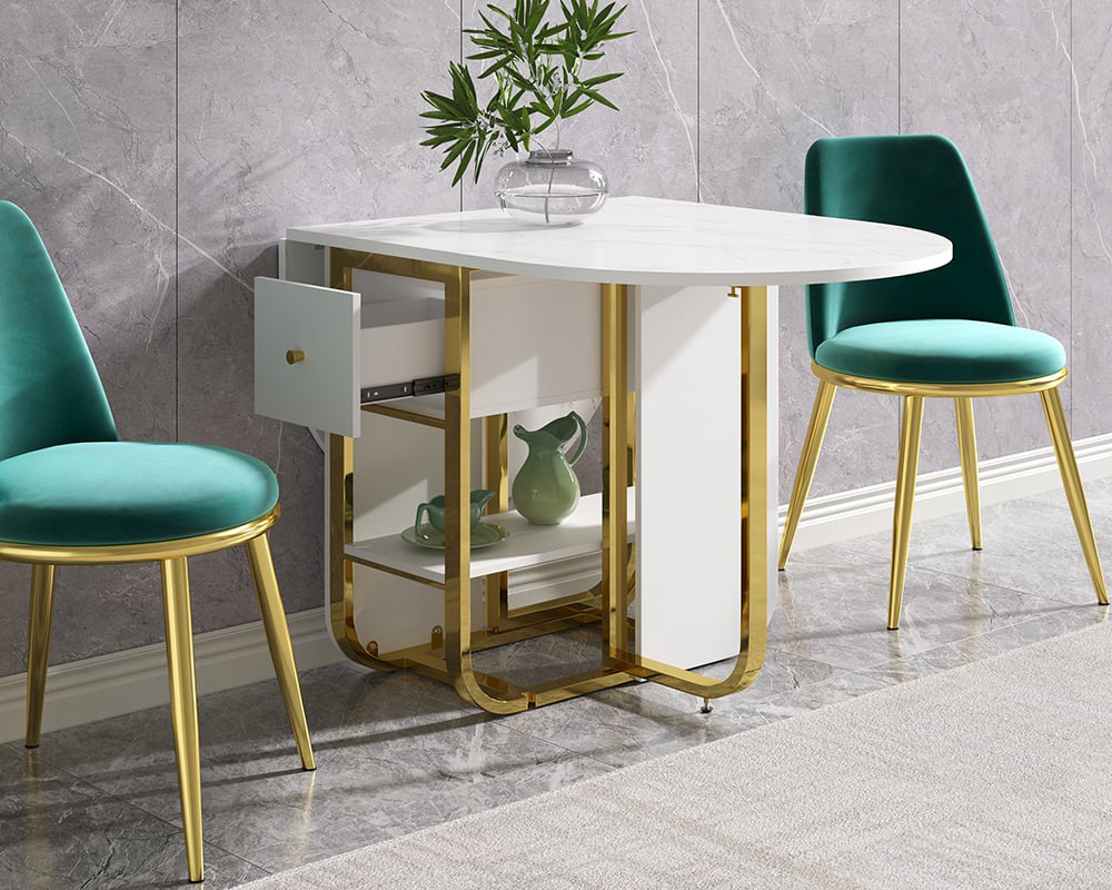 HMR 59.1" Modern Rectangle Leaf Folding Wood Dining Table with Storage Seats 4-6 People - White
