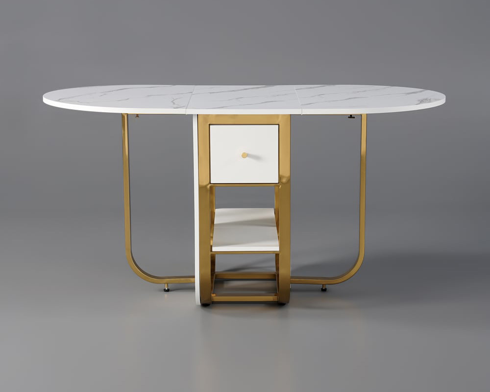 HMR 59.1" Modern Rectangle Leaf Folding Wood Dining Table with Storage Seats 4-6 People - White