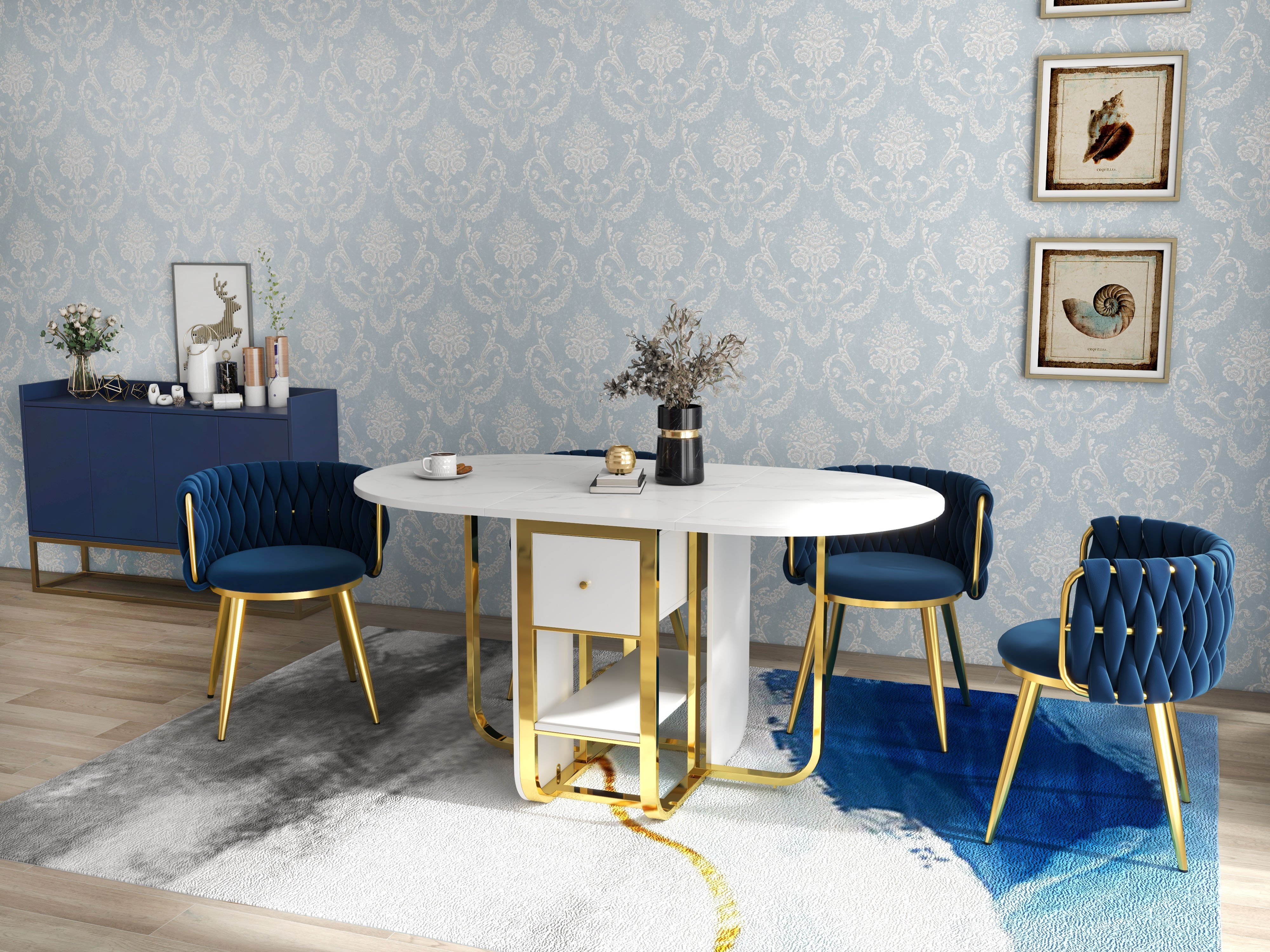 HMR 59.1" Modern Rectangle Leaf Folding Wood Dining Table with Storage Seats 4-6 People - White