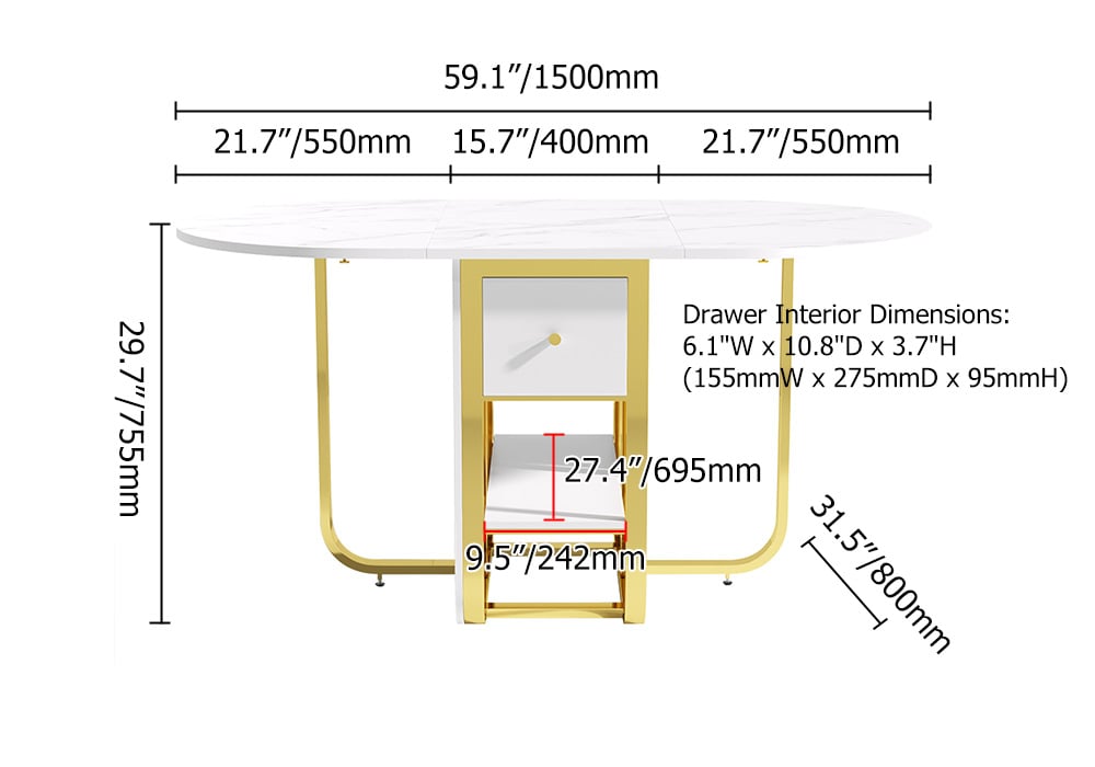 HMR 59.1" Modern Rectangle Leaf Folding Wood Dining Table with Storage Seats 4-6 People - White