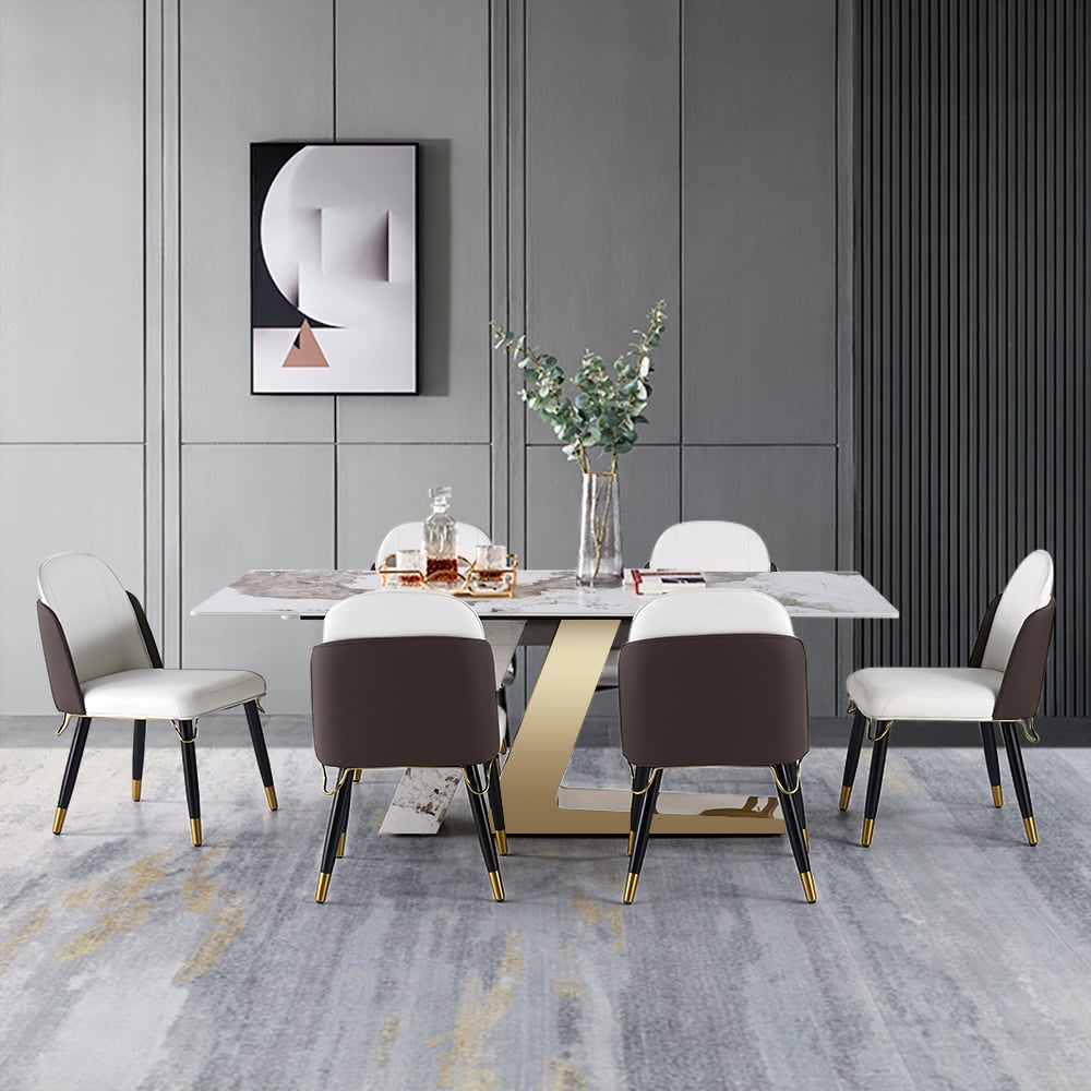 HMR - Dining Set 70.9" Rectangle Sintered Stone Dining Table with 6 Chairs