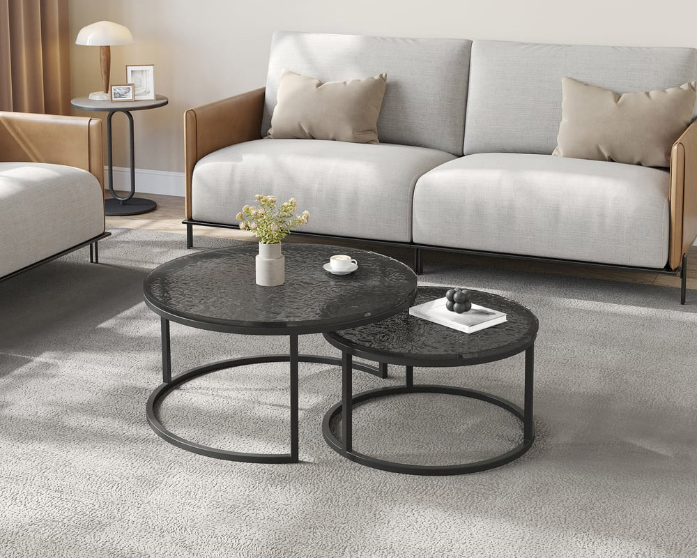 HMR Fero Round Nesting Coffee Table Set (24"-32") - Gray/Black, Glass