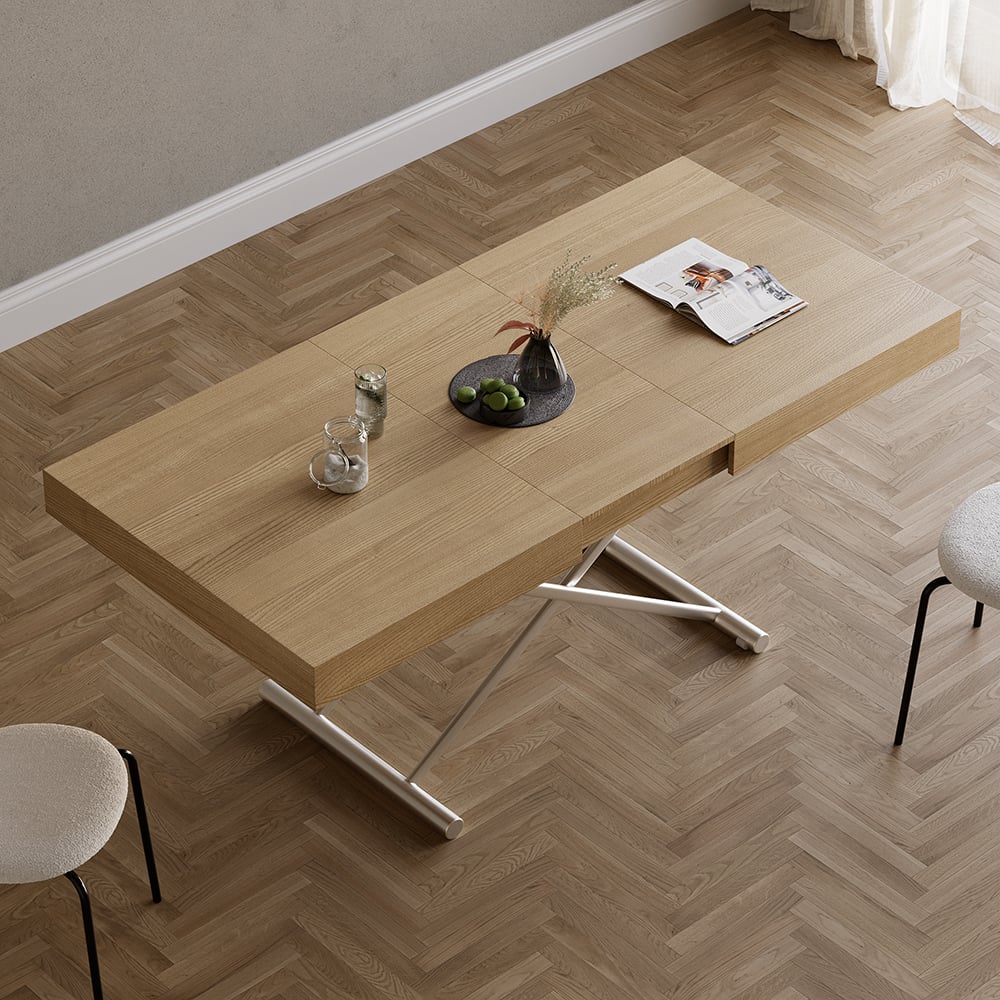HMR - Modern Natural Wood Extendable Coffee Table & Dining Table Rectangle Height Adjustable