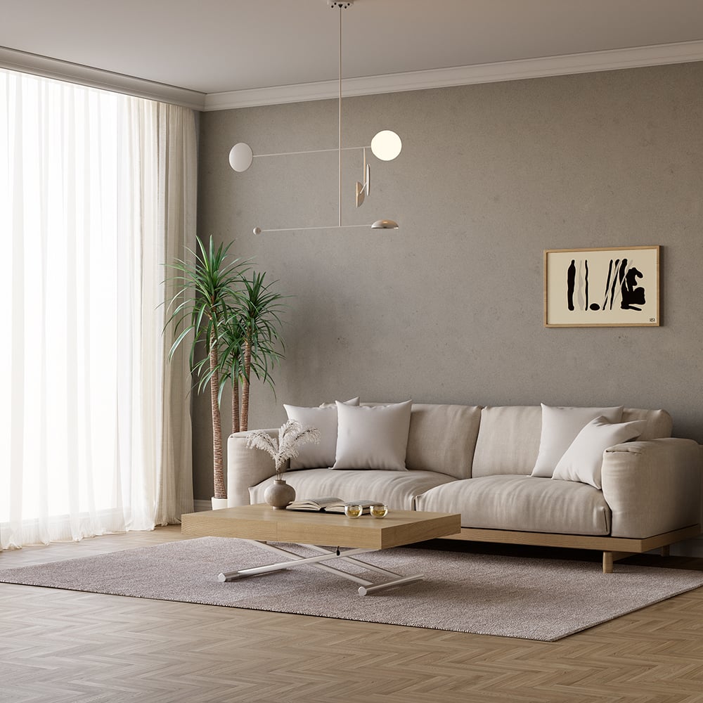 HMR - Modern Natural Wood Extendable Coffee Table & Dining Table Rectangle Height Adjustable