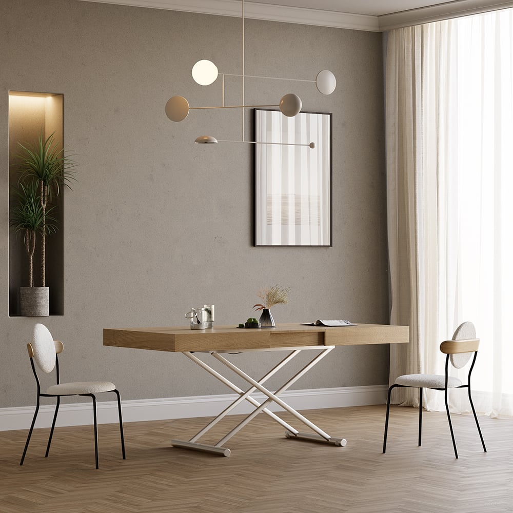 HMR - Modern Natural Wood Extendable Coffee Table & Dining Table Rectangle Height Adjustable