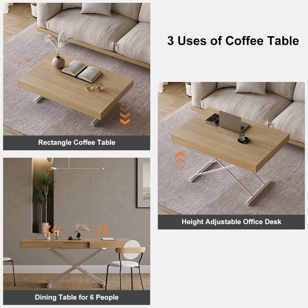 HMR - Modern Natural Wood Extendable Coffee Table & Dining Table Rectangle Height Adjustable