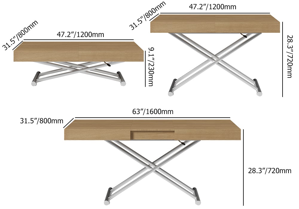 HMR - Modern Natural Wood Extendable Coffee Table & Dining Table Rectangle Height Adjustable
