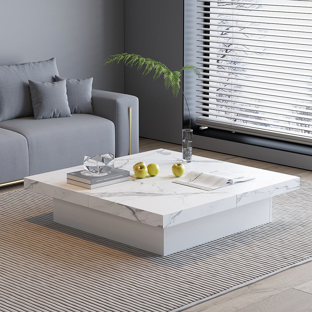 HMR - Square Marble Veneer Coffee Table Sliding Top with Storage in White