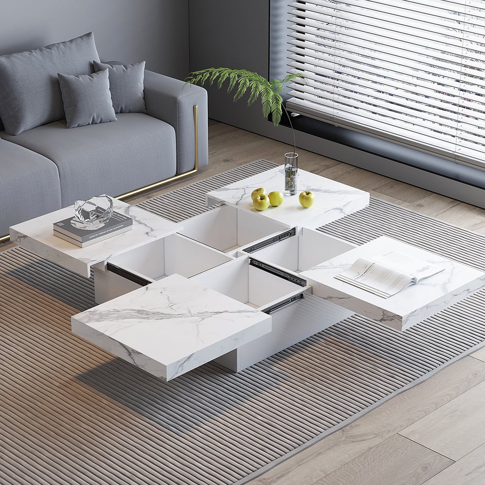 HMR - Square Marble Veneer Coffee Table Sliding Top with Storage in White