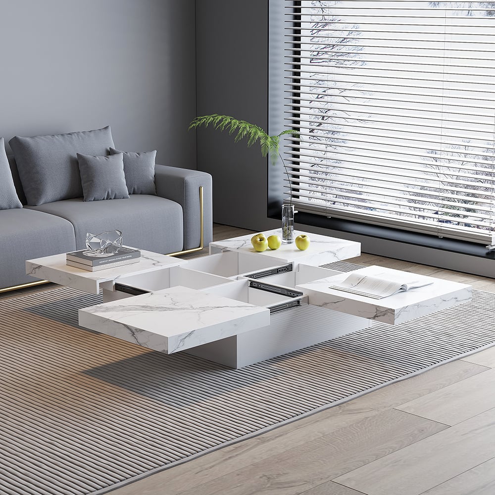 HMR - Square Marble Veneer Coffee Table Sliding Top with Storage in White