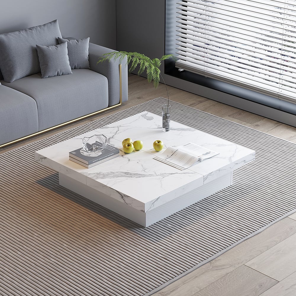 HMR - Square Marble Veneer Coffee Table Sliding Top with Storage in White