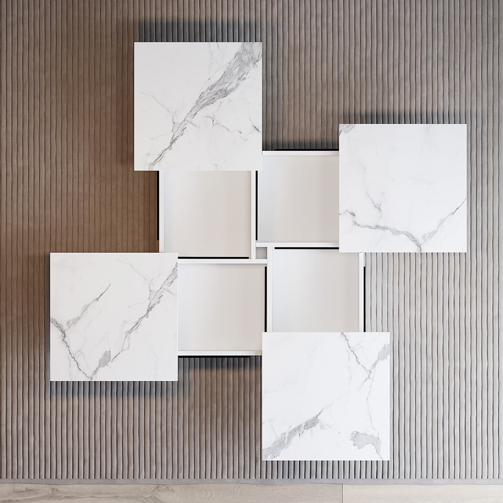 HMR - Square Marble Veneer Coffee Table Sliding Top with Storage in White