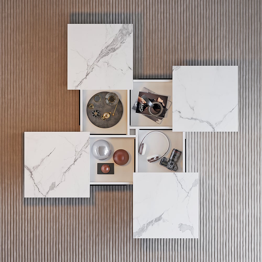 HMR - Square Marble Veneer Coffee Table Sliding Top with Storage in White