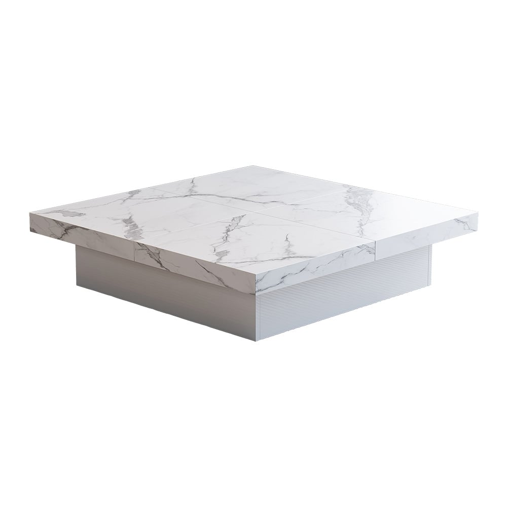 HMR - Square Marble Veneer Coffee Table Sliding Top with Storage in White