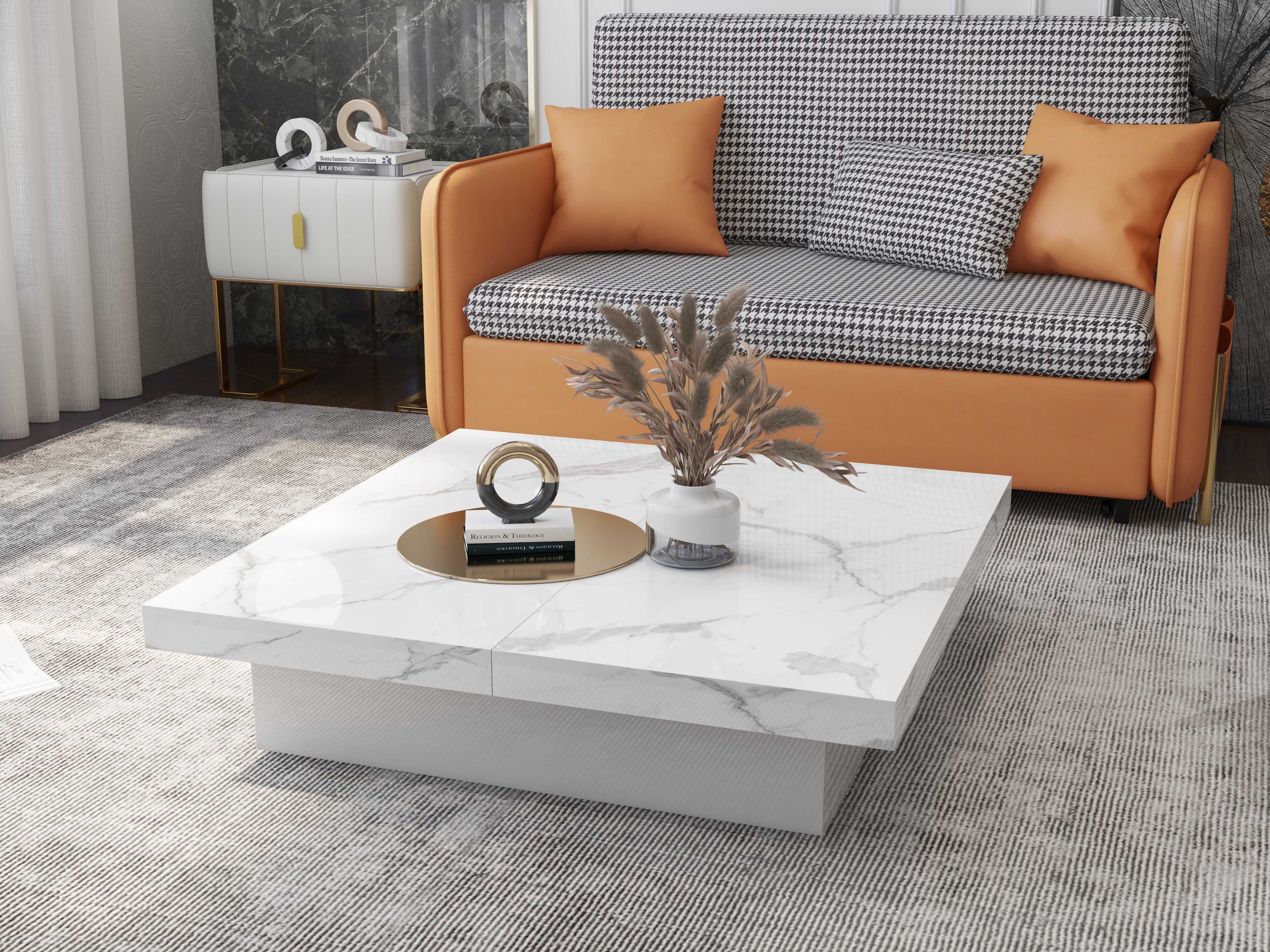 HMR - Square Marble Veneer Coffee Table Sliding Top with Storage in White