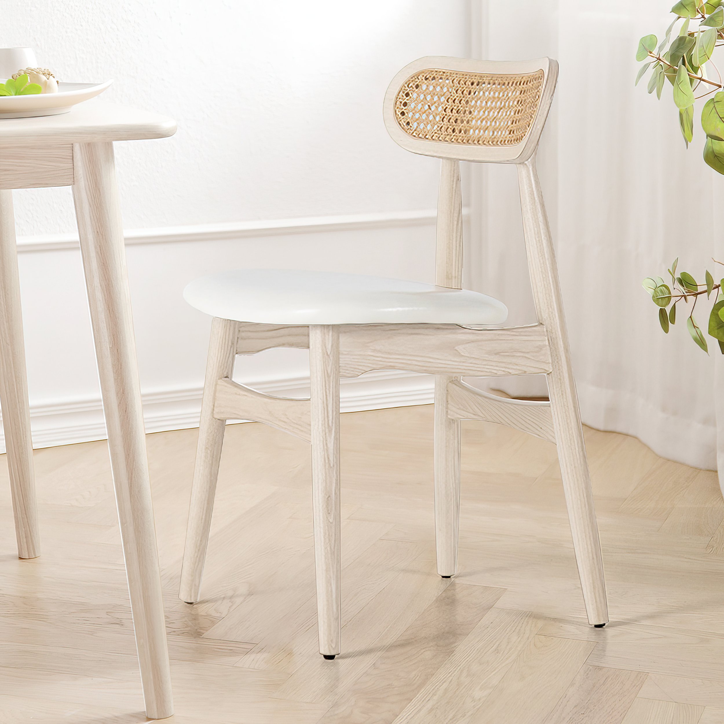 HMR Japandi Modern Wood Dining Chair with Faux Leather Upholstery - Bleached Wood, Set of 2
