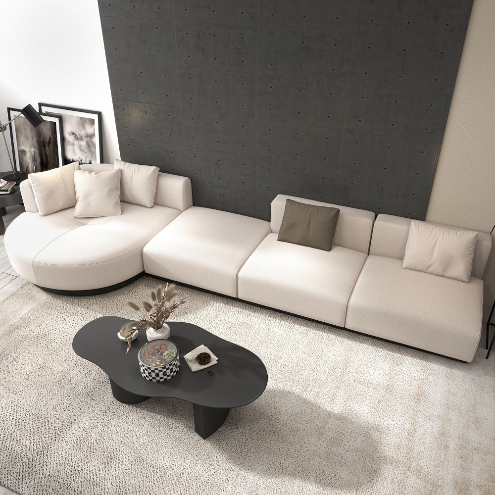 HMR - 146.9" L-Shaped Sectional Corner Modern Modular Sofa in Beige with Pillows & Black Legs
