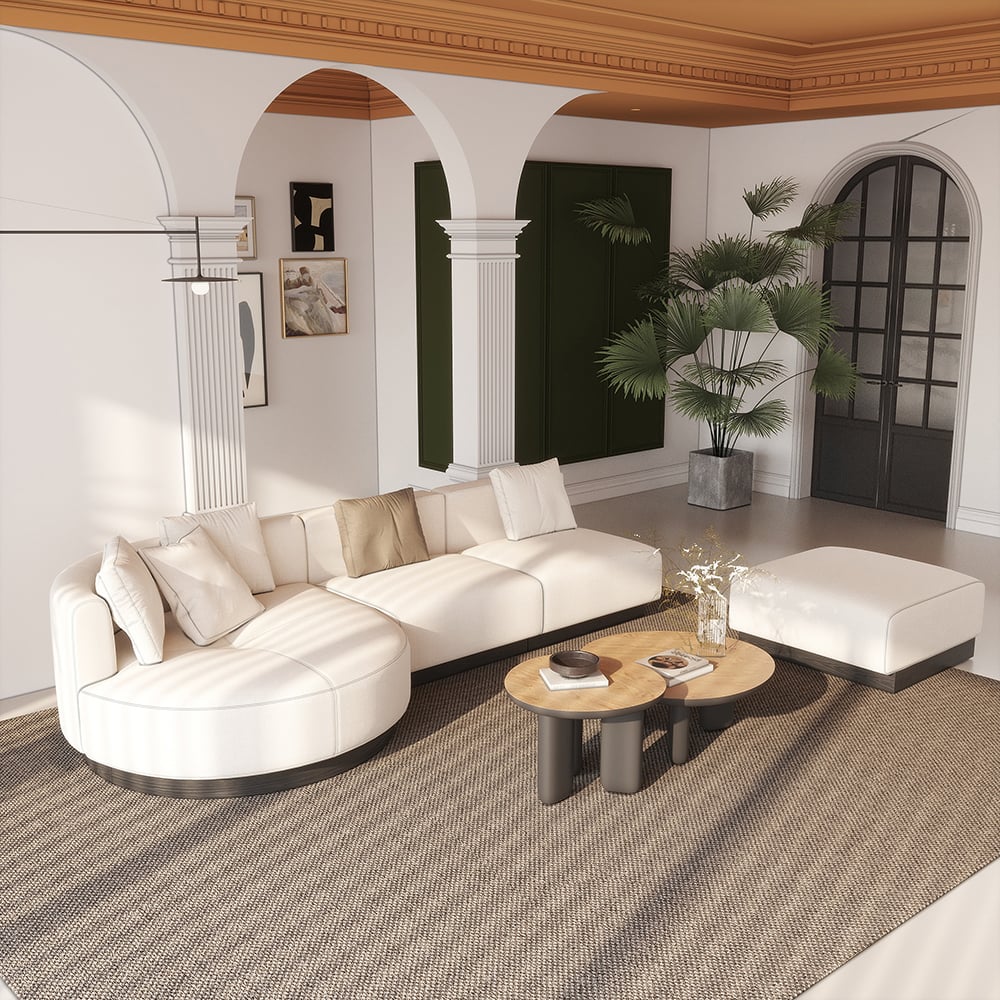 HMR - 146.9" L-Shaped Sectional Corner Modern Modular Sofa in Beige with Pillows & Black Legs