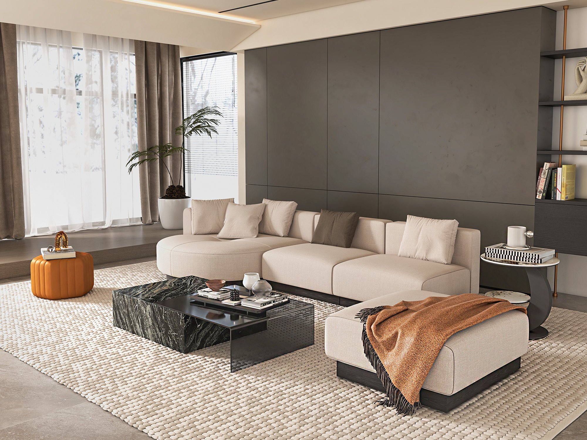 HMR - 146.9" L-Shaped Sectional Corner Modern Modular Sofa in Beige with Pillows & Black Legs