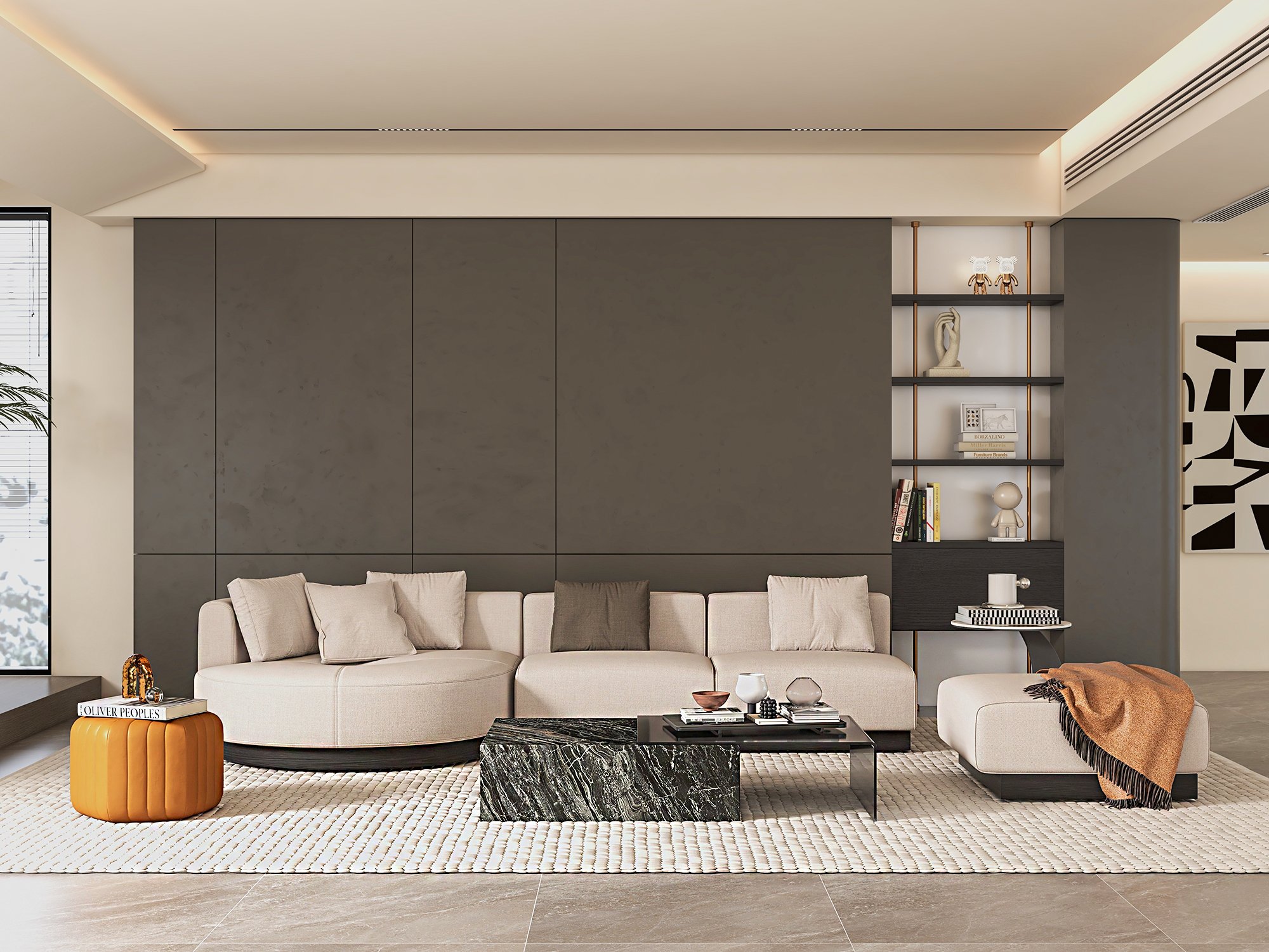 HMR - 146.9" L-Shaped Sectional Corner Modern Modular Sofa in Beige with Pillows & Black Legs