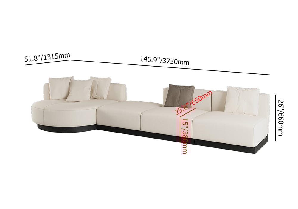 HMR - 146.9" L-Shaped Sectional Corner Modern Modular Sofa in Beige with Pillows & Black Legs