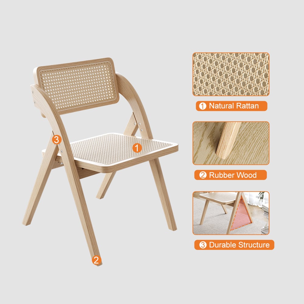 HMR Japandi Folding Solid Wood Natural Dining Chairs - Natural, 4-Pieces