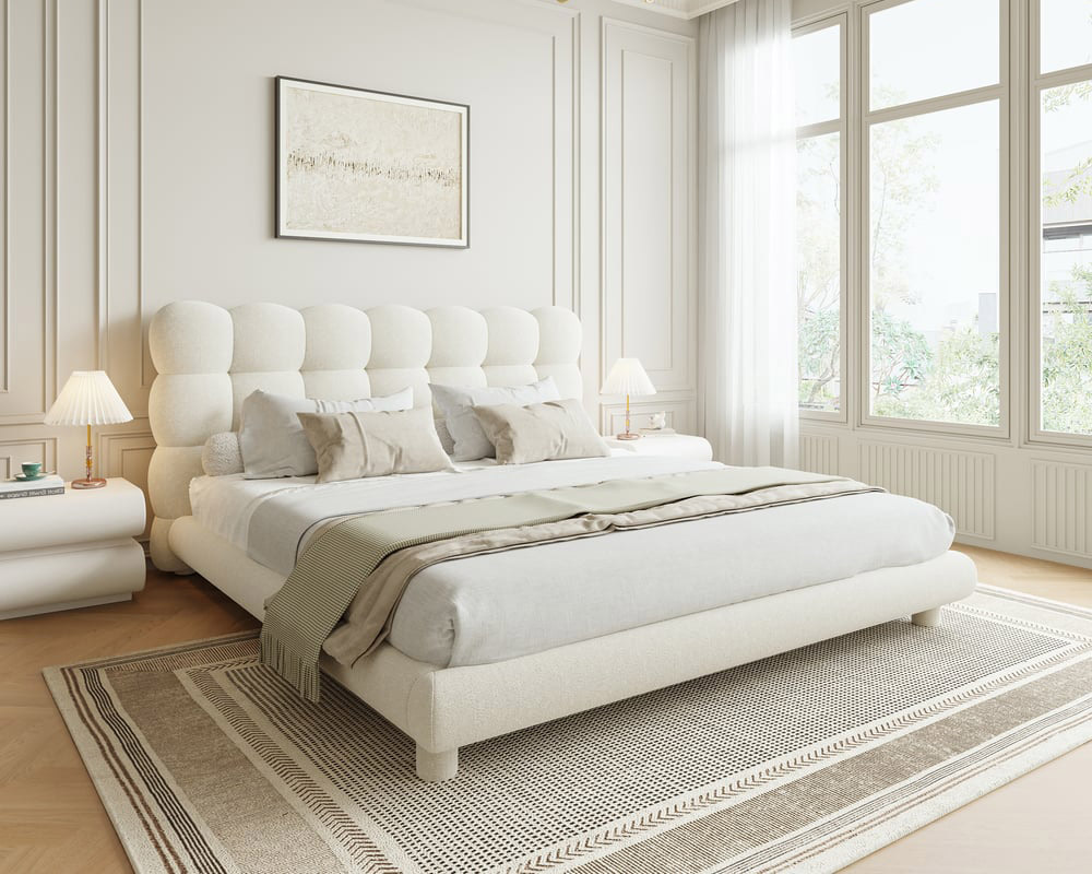 HMR White Boucle Upholstered Platform Bubble Bed Frame - White, King