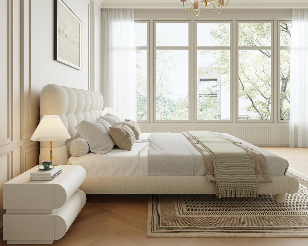 HMR White Boucle Upholstered Platform Bubble Bed Frame - White, King