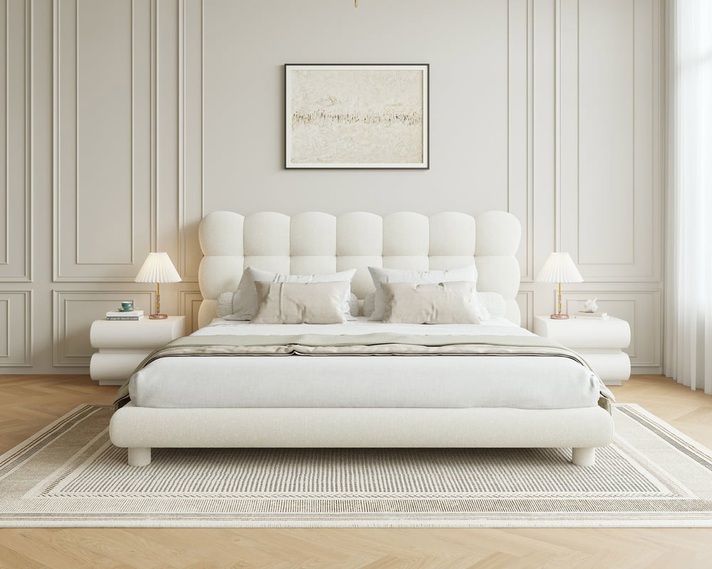 HMR White Boucle Upholstered Platform Bubble Bed Frame - White, King
