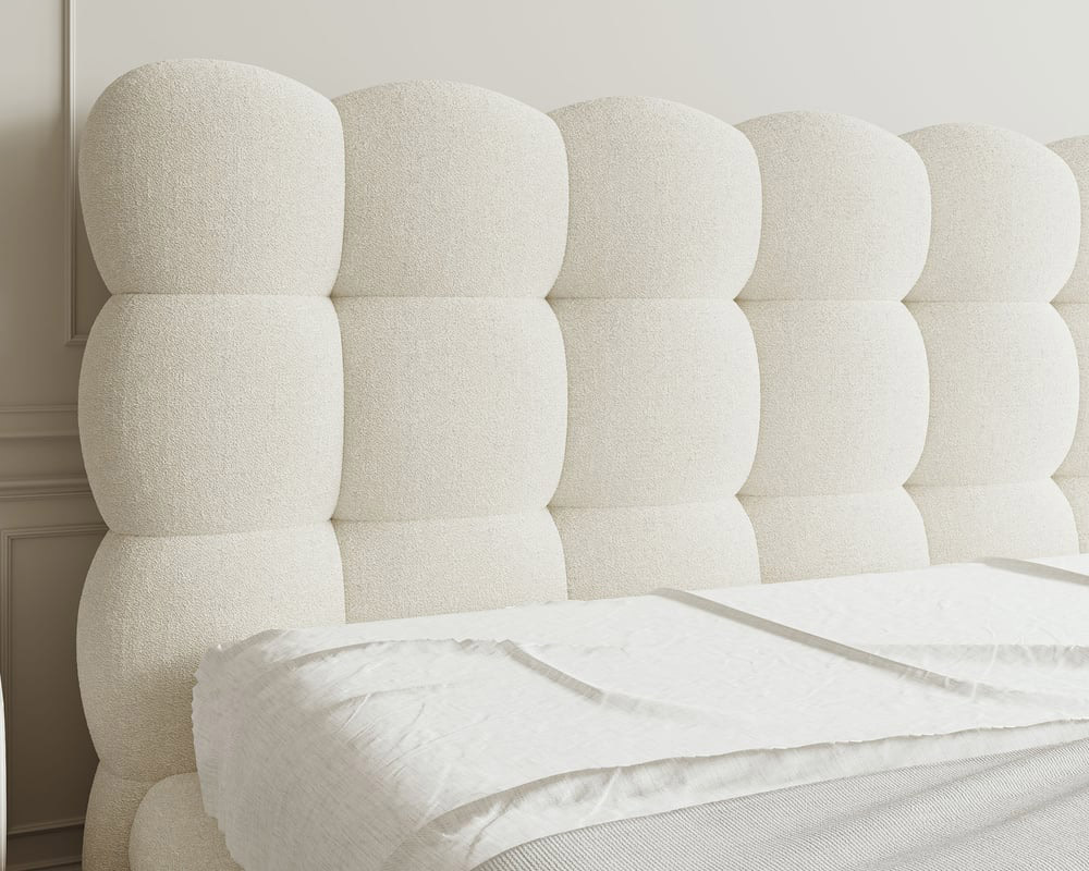 HMR White Boucle Upholstered Platform Bubble Bed Frame - White, King